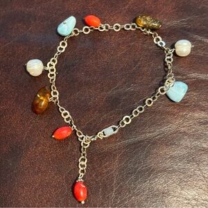 Vintage sterling silver link bracelet amber coral pearl larimar